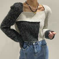 SHENGPALAE Fashion Spliced Contrast Color Knitted Pullovers Women Spring 2022 New Square Collar Loose Long Sleeve Sweater Female