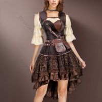 2 Brown Pirate Dress Plus Size Faxu Leather Steampunk Corset Dress With Shoulder Off Blouse Cosplay Pirate Costume For Women