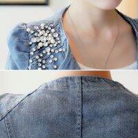 ผู้หญิง Denim แจ็คเก็ตลำลองแบบบางลูกปัดไข่มุกซิปเสื้อคลุมยีนส์หญิง  WWJD004TH