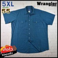 Wrangler®แท้ อก 55 ไซส์ 5XL เสื้อเชิ้ตผู้ชาย แรงเลอร์ สีน้ำเงิน แขนสั้น กระดุมมุก เนื้อผ้าดี