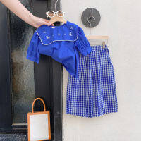 Summer New Girls Clothing Sets Front Lapel Short Sleeve Top+Plaid Wide-Leg Pants Baby Children Clothes Suit Fashion Kids Outfit