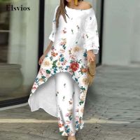 Fashion O Neck Mid Dress Suit Casual Floral Print Womens Two-piece Set Sexy Off Shoulder Pullover Tops And Loose Pants Outfits