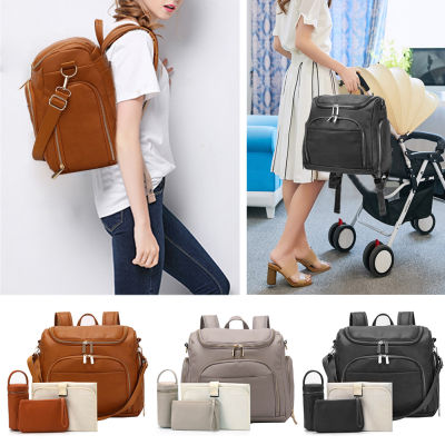 PU Leather Baby Nappy Diaper Bag Backpack+Changing Pad+Stroller Straps+Insulation bag+Cosmetic bag Backpack Stroller Bag