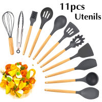 New Silicone Cooking Utensils Spatula Spoon BBQ Set Heat-resistant Wood Handle Soup Ladle Turner Kitchen Accessories Chef Helper