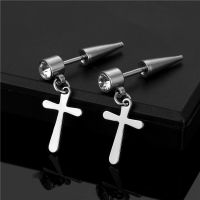 【CW】 1 pairs Fashion Taper Cross Ear Bone Stud Earrings Zircon Stainless Steel Boy Cartilage Body Jewelry Punk Rock