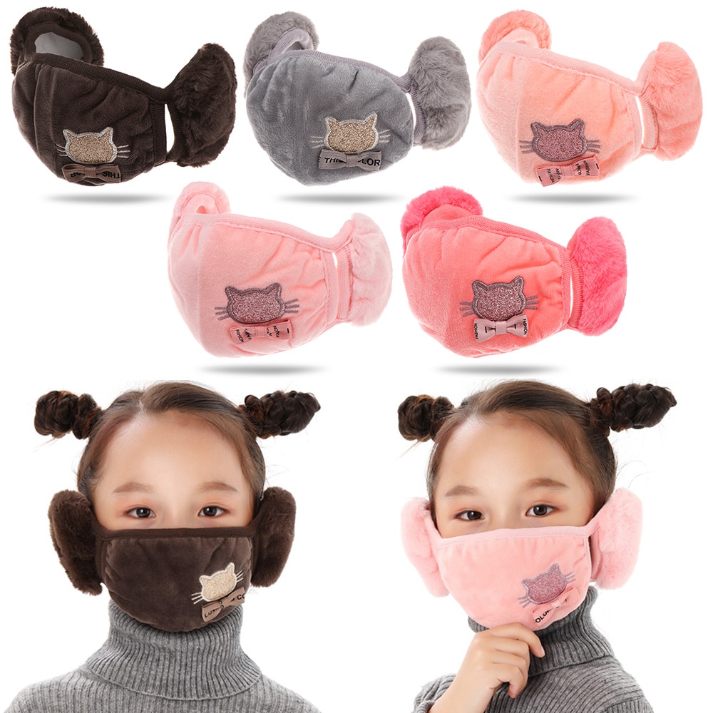 2-in-1 Mouth Mask Earmuffs Winter Face Mask Children Fleece Mouth-Muffle Mask 
