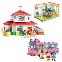 Clássico Anime Cartoon Building Bricks Sets, Crayon Shin-Chan Street View Blocos, Casa Cat Ônibus, Quarto De Xiaoxin, Filme Kids Brinquedos Presente