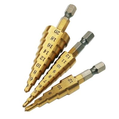 HH-DDPJHss Steel Titanium Coated Step Drill Bits 3-12mm 4-12mm 4-20mm Step Cone Cutting Tools Steel Wood Metal Drilling Power Set