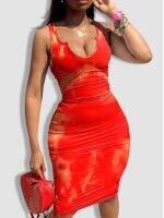 【CW】❁✁  Tie-dye Bodycon Cami Boho Spaghetti U Neck Sleeveless Vacation Wrapped Skirt Vestidos