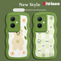 NIWINEE เคสโทรศัพท์แกะหนังแกะสำหรับ VIVO Y78 5G ลายการ์ตูนหมีขอบลอนใหญ่กระเป๋าเต็มกันล้มปลอกนิ่มน่ารักสีแดง