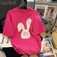 Laz Nigori เสื้อยืดพิมพ์คอกลมกระต่ายสีชมพูผู้หญิงหลวม2023ใหม่แขนสั้น