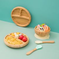 2Pcs Baby Wooden Partition Feeding Tableware Set Toddles Soild Food Feeding Spoon Dish Plate with Suction Cup Children’s Stuff