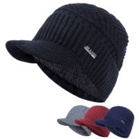 【YD】 Warm Hats Add Fur Lined Soft Beanie Cap With Brim Thick Knitted Men   Dropshipping