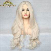 Vogue Queen Platinum Blonde Synthetic Natural Wave Full Machine Made Long Wig Heat Resistant Fiber Cosplay For Women Wig  Hair Extensions Pads