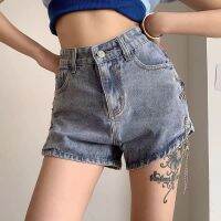 Asian Hot  Celana Pendek Denim แบบของผู้หญิงมาแรงเอเชียพร้อมห่วงโซ่เอวสูงกางเกงสุดฮิตทันสมัย