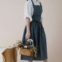 Women Cotton Linen Cross Back Apron Japanese Solid Colors Housework Baking Wrap Florist Cleaning Dress Kitchen Cooking Aprons