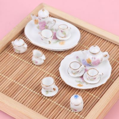 ♨ 8Pcs 1/12 Miniature doll house pink Flower Patten Porcelain Coffee Tea Cups Ceramic Tableware Set Dollhouse Kitchen Accessories