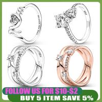 925 Sterling Silver Ring With Sparkling Triple Band Mom Pavé Double Heart Crystal Ring For Women Wedding Jewelry Gift