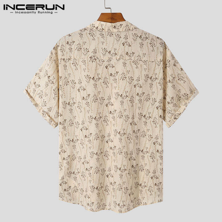 incerun-เสื้อเชิ้ตแขนสั้นลายดอกไม้สำหรับผู้ชาย-เสื้อยืดลำลองแนววินเทจสไตล์เกาหลี