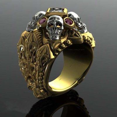 Vintage Gold Pattern Silver Color Skull Head Rings for Men Luxury Red Crystal Magic Skeleton Biker Ring Hip Hop Rock Jewelry