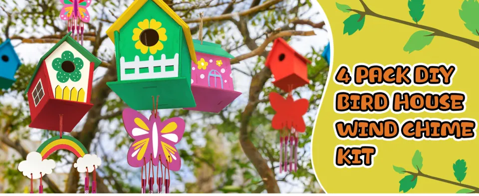  Crafts for Kids Ages 4-8 - 4 Pack DIY Bird House Wind Chime Kit  - Build and Paint Birdhouses Wooden Arts Kits Easter Basket Stuffers Gifts  for Girls Kids Boys Toddlers