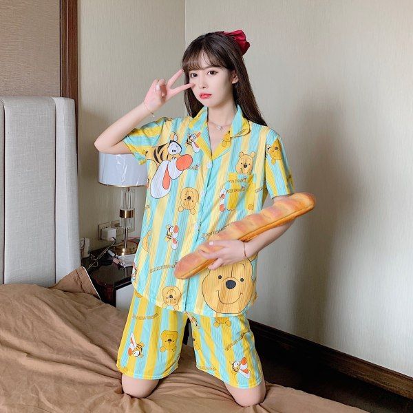 ชุดนอนผ้าฝ้ายชุดนอนแขนสั้นชุดนอนการ์ตูนชุดนอนเกาหลีชุดนอนผ้าฝ้ายบริสุทธิ์ผ้าไม่บางผ้าดี