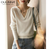 OULINNA 2021ใหม่กรงเล็บแขนเสื้อเพื่อสร้างมุมขวาไหล่แคชเมียร์บริสุทธิ์ขนาดเล็กคอวีผ้าไหมสดใสตัดถักเสื้อกันหนาวสตรี