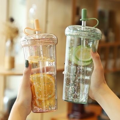 【High-end cups】520ML Glitter Water BottleLayer Tumbler With Straw Water Bottles For GirlsTea Cup Drinkware Leakproof Cups