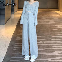 Women 3pcs Sets Cropped Single-Breasted Cardigan Elastic HIgh Waist Drawstring Soft Breathable Wide Leg Pants Casual Female Suit