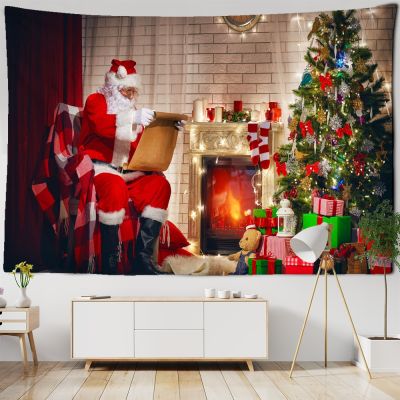 Christmas Tapestry Gift Wall Hanging Winter Night Snowflake Elk Santa Claus Hanging Fireplace Blanket Gift Home Wall Decorations
