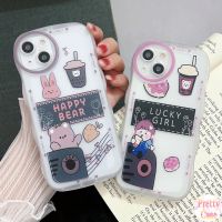 Casing Oval Big Eye Wavy Pattern Phone Case Compatible for iPhone 14 13 12 Mini 11 Pro XR X XS Max SE 2020 8 7 Plus Motif Lucky Happy Bear