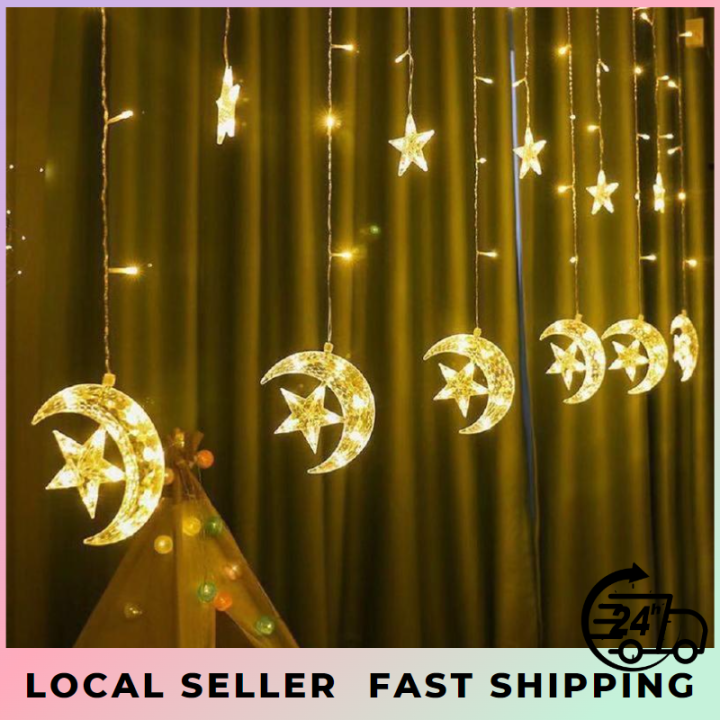 【Ready】Lampu Raya 2023 4M LED Star Moon Curtain String Lights 8 Modes ...