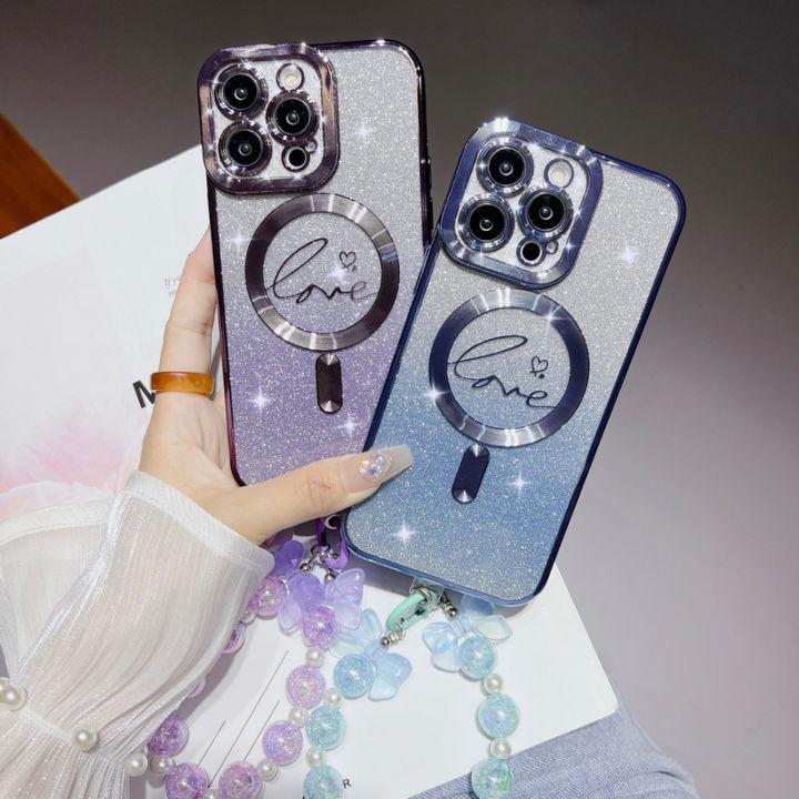ineater-กากเพชรส่องแสงเป็นประกายวิบวับไล่ระดับสีสำหรับ-iphone-14-13-pro-max-12-11ฝาครอบเคสโทรศัพท์รูปหัวใจสำหรับ-iphone14-plus-พร้อมสายรัดข้อมือ-clearf-beads-handchain