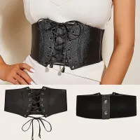 Decorative Vintage Elastic Corset Wide Belt Black Dress Waistbands Litchi Leather Fan-shaped Waist Seal Lace-up Cummerbunds