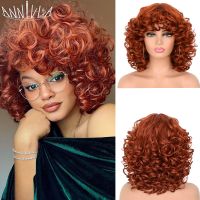 ┇❁☁ Short Hair Afro Curly Wig Copper Ginger Wigs with Bangs Cosplay Synthetic Wigs for Black Women Heat Resistant Fiber Highlight