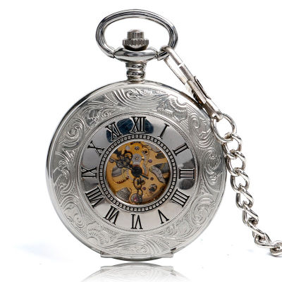 นาฬิกาโครงกระดูกแบบเปิดสองด้านสำหรับผู้ชายนาฬิกาเครื่องจักรกล Fob สายโซ่แบบวินเทจนาฬิกาพกตัวเลขโรมัน