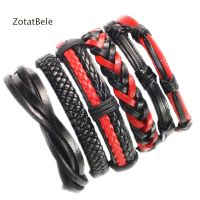 【ร้อน】 ZotatBele แฮนด์เมดขายส่ง5ชิ้น/เซ็ตสีดำ Amp; สร้อยข้อมือหนังสีแดงผู้หญิงสร้อยข้อมือหนังชายสายรัดข้อมือห่อผู้ชายเครื่องประดับ X64