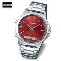 Velashop นาฬิกาข้อมือผู้ชายคาสิโอ Casio Standard Silver สายแสตนเลสสีเงิน หน้าปัดแดง รุ่น MTP-VC01D-5EUDF, MTP-VC01D-5E, MTP-VC01D