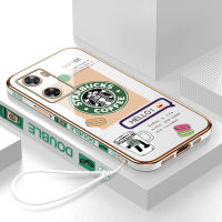 เคสเคสมือถือสำหรับ OPPO A57 2022พร้อมฟรีสายคล้อง + โลโก้ Starbucks แฟชั่นฝาหลังนิ่มชุบเคลือบขอบสี่เหลี่ยม