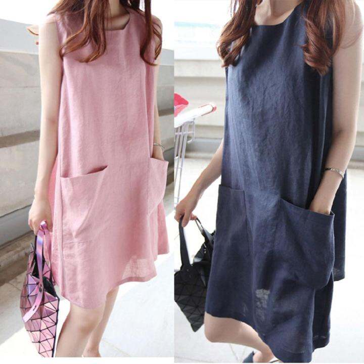 Phụ Nữ Cotton Linen Maxi Mùa Hè Váy Có Túi Không Tay Áo Dài ...