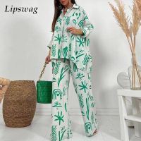 【DT】hot！ Lapel Sleeve Shirt And Wide Leg Pants Suits Print Loose Piece Set Irregular Shirts Outfits