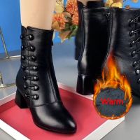 Women Ankle Boots Winter Warm Side Button Ethnic High Heel Booties Pu Leather Platform Mother Shoes Female Footwear 2022 New