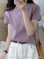 ◎☋▥ Right shoulder slim simple and gentle ins style short-sleeved womens tops 2023 spring and summer round neck taro purple T-shirt bottoming shirt