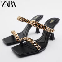 Summer 2023 new womens shoes black chain with buckle sandals za.ra open toe temperament French high-heeled all-match sandals