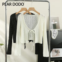 PEAR DODO ลูกไม้โปร่งผู้หญิงสั้นแขนยาวเสื้อคาร์ดิแกนแบบถักป้องกันแสงแดด