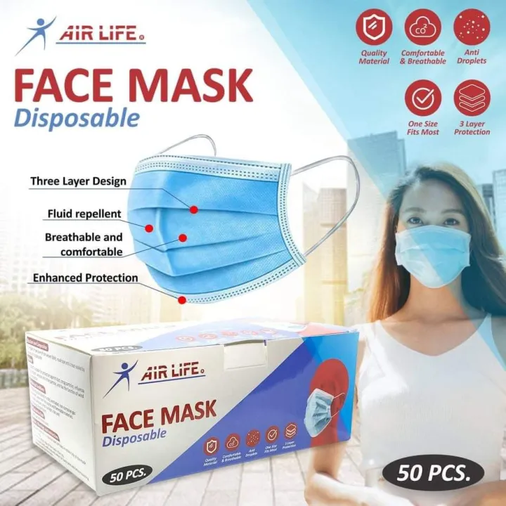 50 PCS DISPOSSABLE FACEMASK SURGICAL FACE MASK BY AIRLIFE ( 50 PCS PER