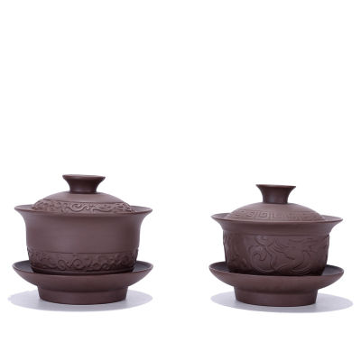 สีม่วงดินชา Tureen Gaiwan จีนชามชาเซรามิกชุดครอบคลุมชามที่มีฝาปิดถ้วยจานรองจีนถ้วยชาม Drinkware