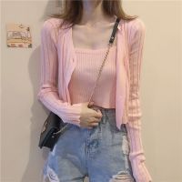 Womens Short Jacket Spring New V-Neck Outer Wear Knitted Cardigan Inner Suspender Vest Two-Piece Set