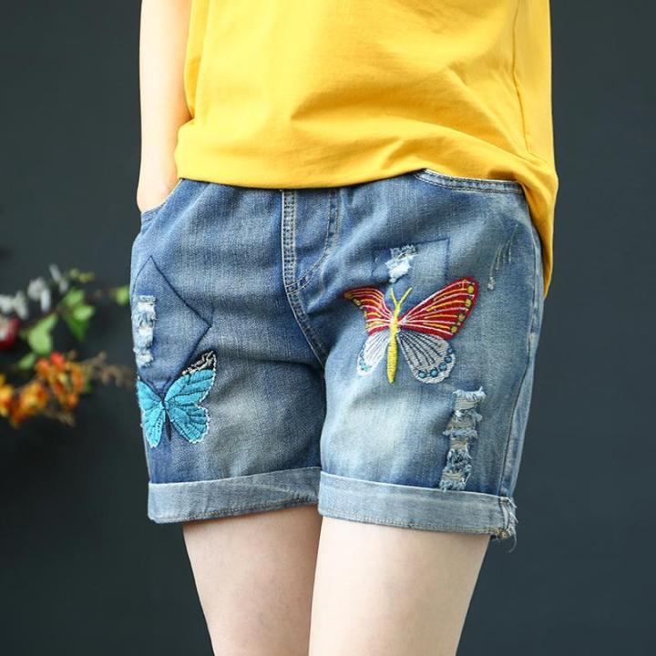 Plus Size Elastic Waist Denim Shorts Women's Summer Animal Cartoon  Embroidery Straight Casual Crimped Pants | Lazada