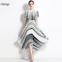 French Style Temperament Clinch Striped Printed Irregular Pleated Dress Commuter